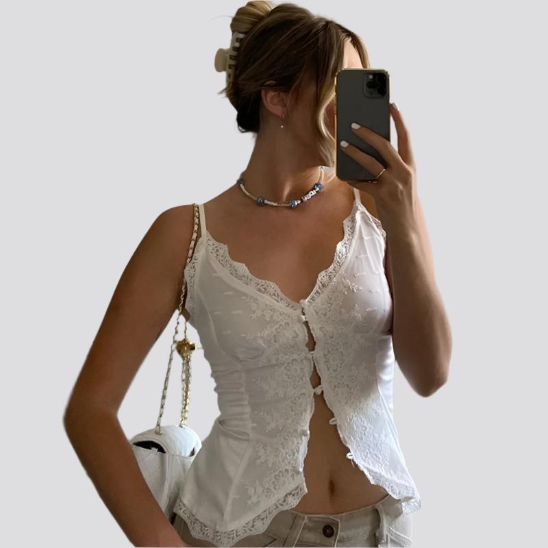 Women's American Style Hot Girl Style Lace Lace Sexy V-neck Cardigan Ties Buckle Camisole Small Tank Tops