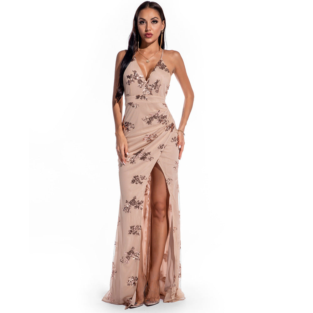 Sleeveless Strap Backless Sequined Maxi Dress