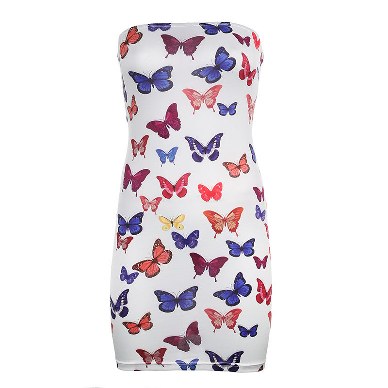 Fashionable sexy butterfly print wrap chest mini dress