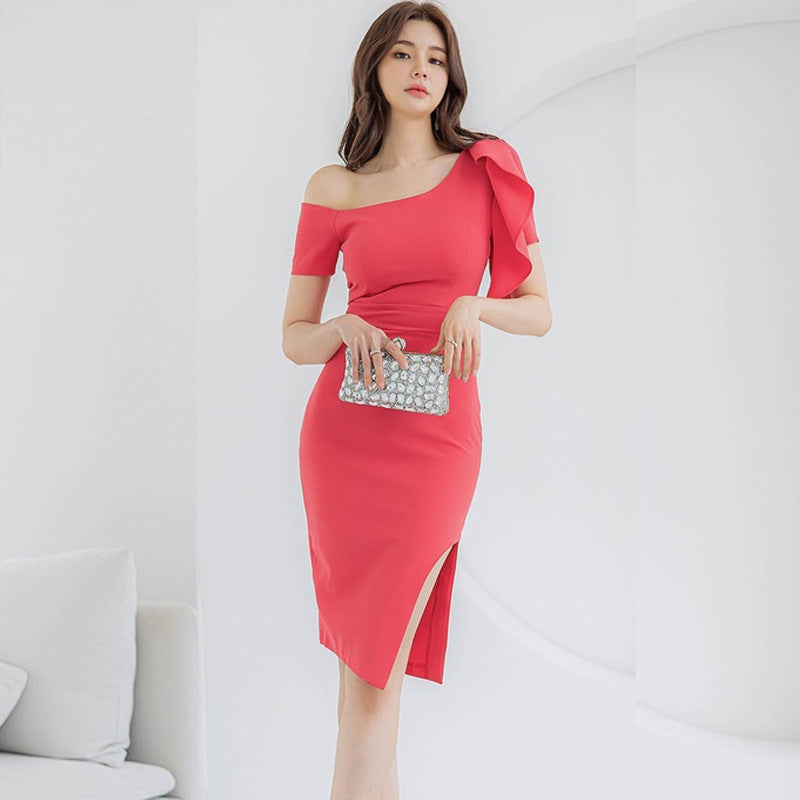 Slanted Collar Irregular Midi Dress