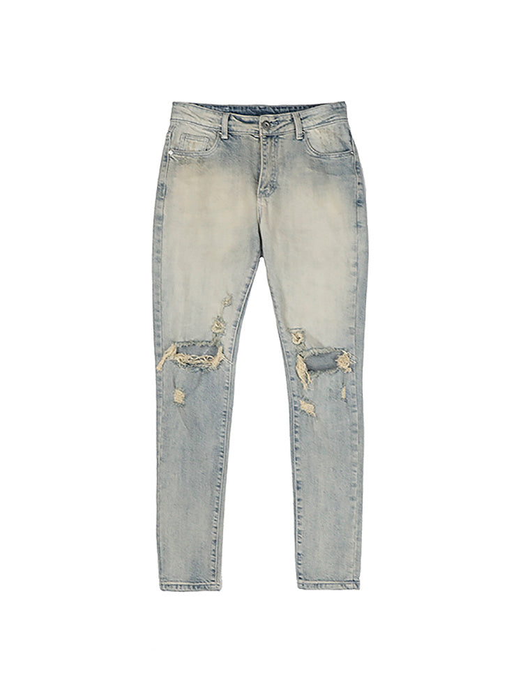 Washed And Distressed Slim-fit Jeans With Holes