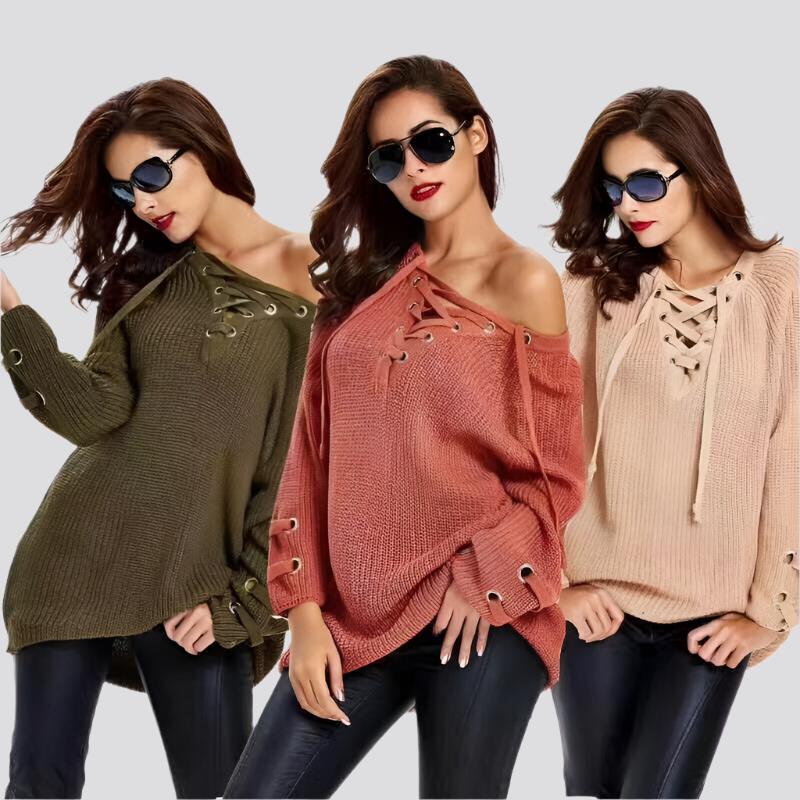 Women Sweater woman Sweaters V Neck Mesh Lace Up Sweater Striped Bandage Cross Links Tops Casual Loose Jumper