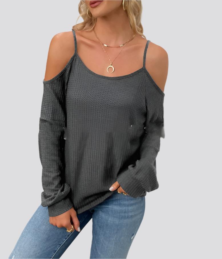 Long-Sleeved Waffle Shoulder Strap Top