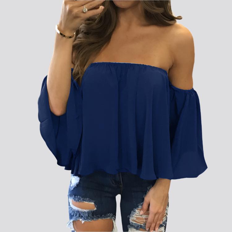 Wrapped chest collar long sleeve chiffon sexy top strapless loose T-shirt