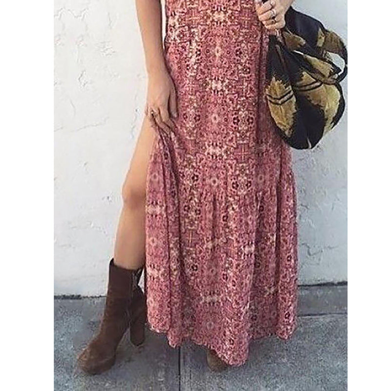 Printed long-sleeved split maxi dress