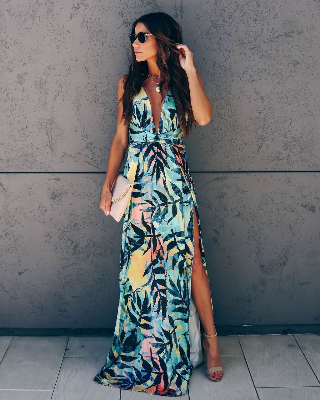 Mid-sleeve V-neck printed slim dress maxi