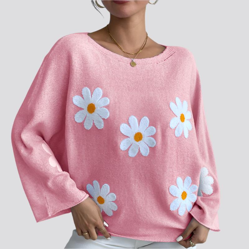 New Loose Bat Sleeve Sweater For Women Tops Embroidered Flower College One-shoulder Sweater