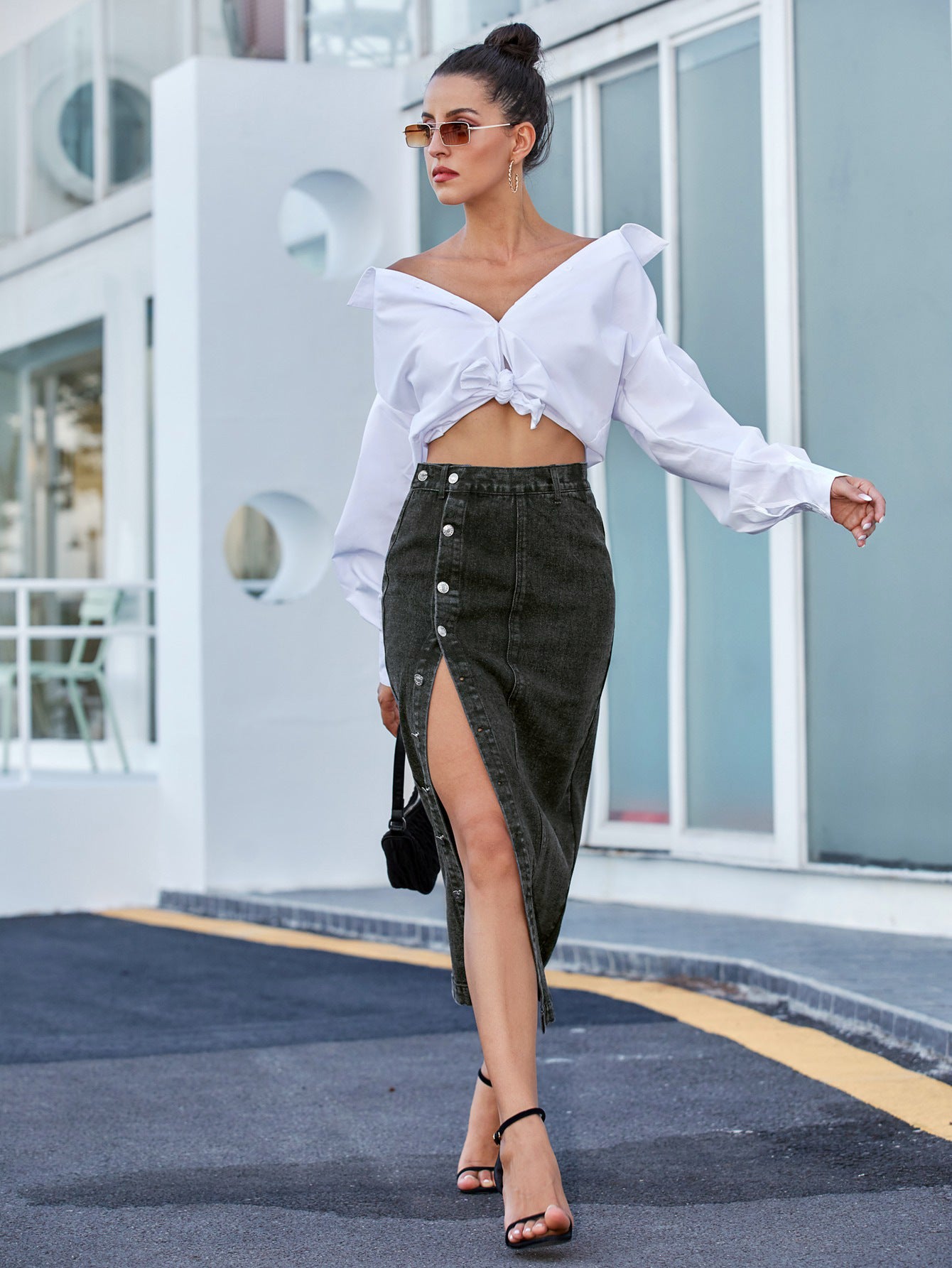 Button Irregular Slit Skirt Denim High Waist Long Skirt