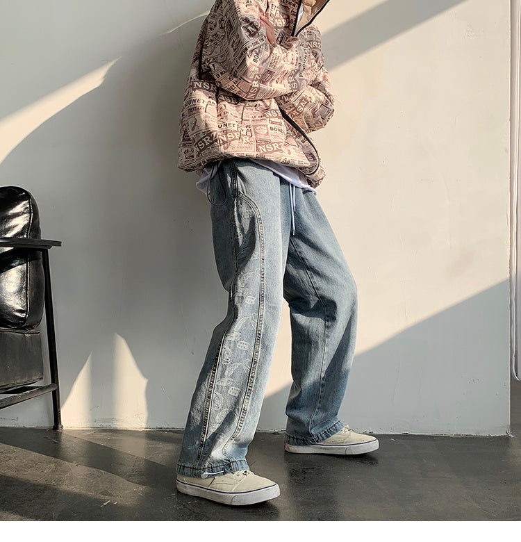 Retro Jeans Ins Men and Women Stitching Cashew Jacquard Loose Wide-leg Straight Pants Drawstring Trousers Tide