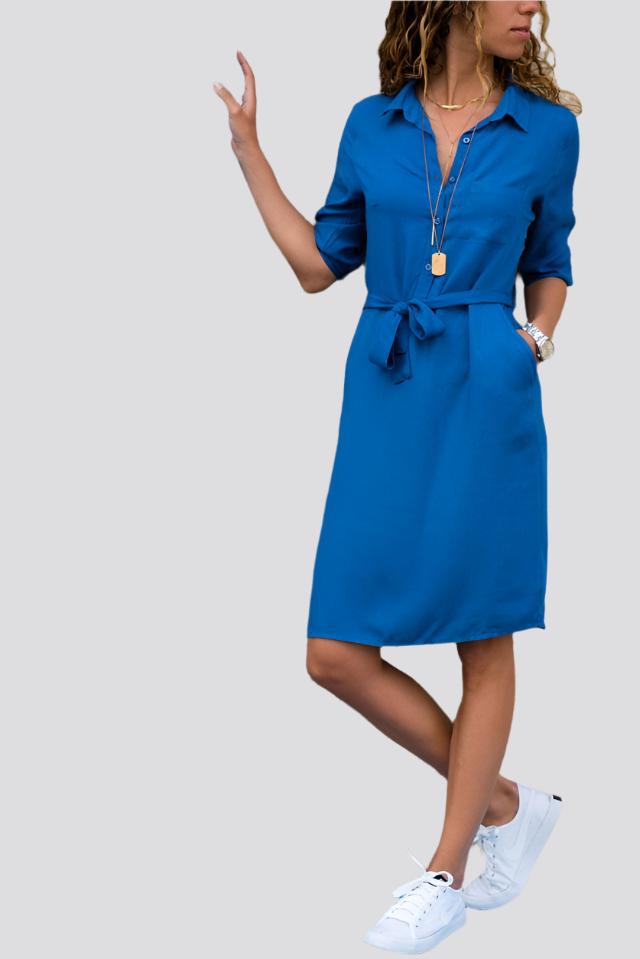 Lapel Collar Solid Color Three-Quarter Sleeve Dress