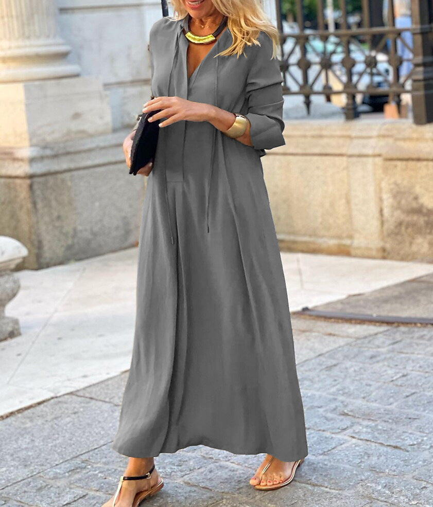 Solid Color Lapel Long Sleeve Simple Casual Long Shirt Dress