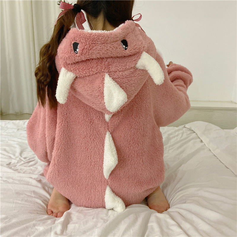 Autumn And Winter Coral Fleece Nightdress Female Cute Cartoon Dinosaur Nightgown Female