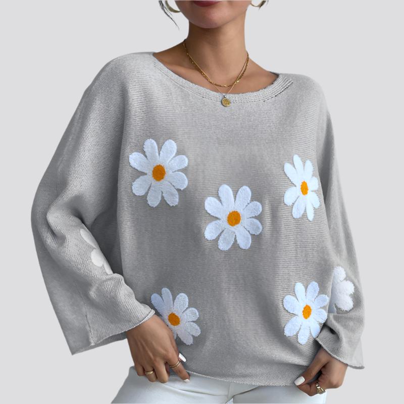 New Loose Bat Sleeve Sweater For Women Tops Embroidered Flower College One-shoulder Sweater