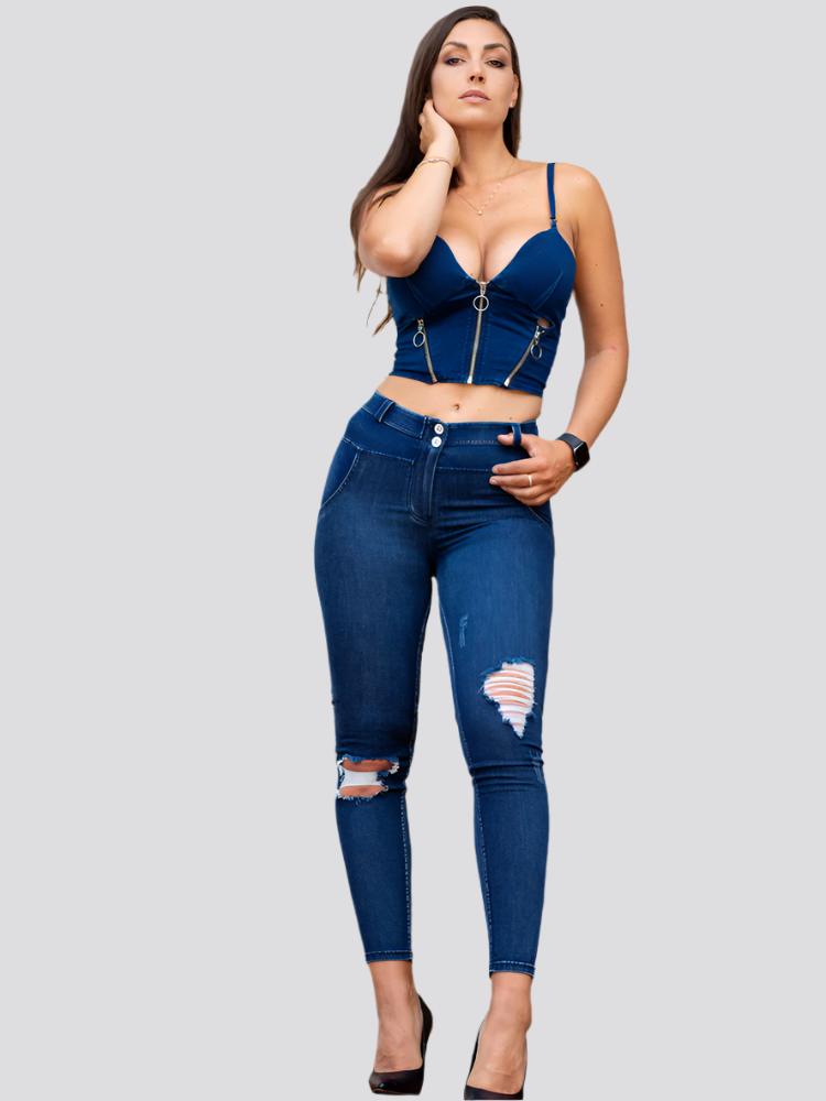 Shascullfites Melody Two Piece Set Blue Washed Ripped Middle Waist Ripped Blue Lifting Jeggings Set Zipper Crop Top Suit