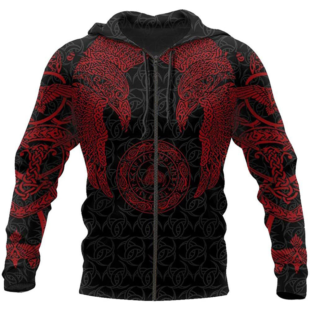 Viking Warrior Tattoo Series Printed Zip Hoodie Sweatshirt