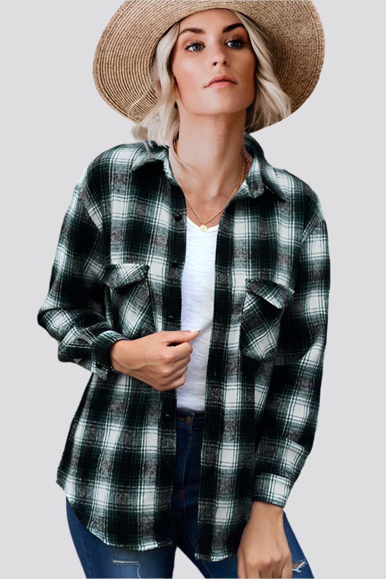 Plaid Shirt Women Spring Mid-length Loose Blouse Turndown Collar Shirt Clothing