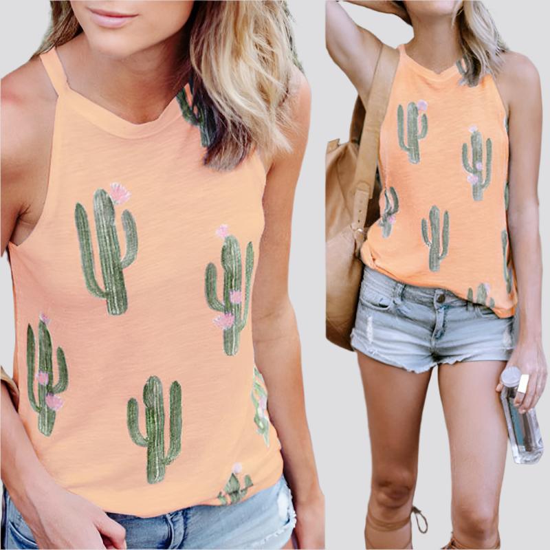 Summer Cactus Print Women T Shirt Casual Halter Harajuku Women TShirt Tops Tees Female Shirts Camiseta Women Tops