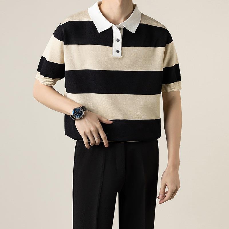 Lightly Mature Knitted Polo Shirt Casual Striped Short Sleeve