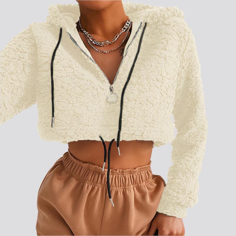 Hoodie Lambswool Teddy Faux Fur Sweatshirt Long Sleeve Zip Up Crop Top Women Winter Fall Clothes Cute Streetwear