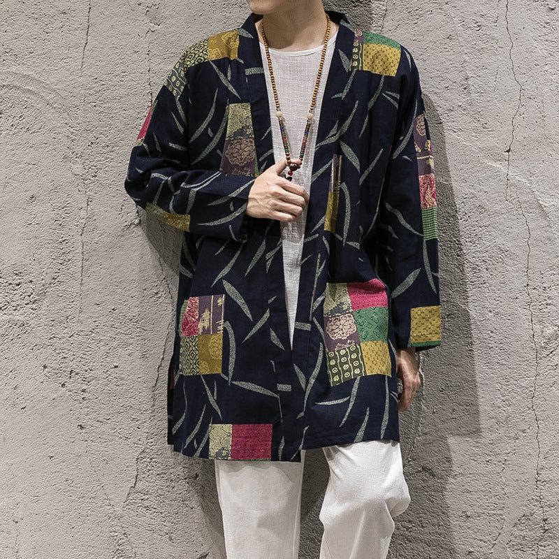 New autumn windbreaker men's long section Korean version of the buckleless cloak jacket male Chinese style cotton and linen