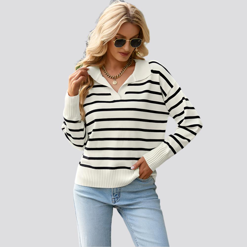 Women Striped Long Sleeve Pullover Sweater Casual Loose Polo V Neck Color Block Lightweight Knitted Fall Shirts Tops