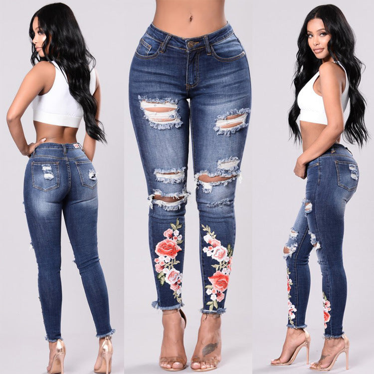 3Xl summer woman ripped Jeans With Embroidery hole Sexy High Waist Denim stretch plus size Pencil Pants High Street