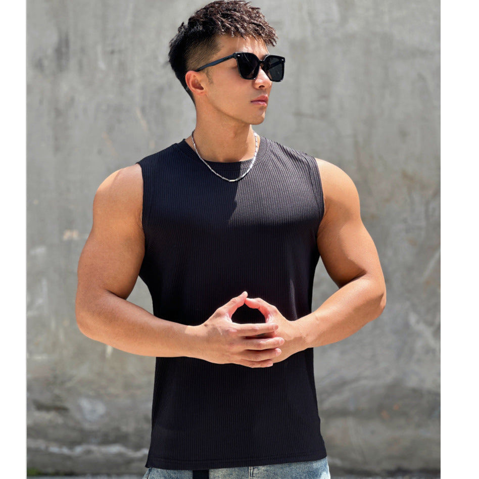 Summer Workout Vest Exercise Sleeveless Round Neck Striped Quick-drying Breathable Basketball Running Training Clothing Men