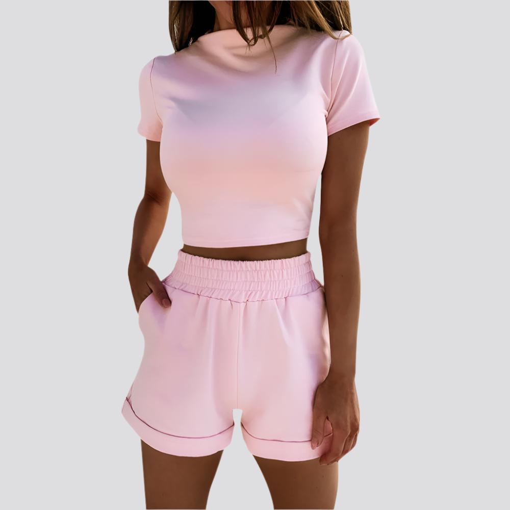 Casual Short Sleeve High Waist Crop Shorts Fashion Set