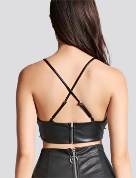 Simplee Pu leather pearl crop top women Strap backless camisoles tanks Summer style streetwear cropped sexy top female