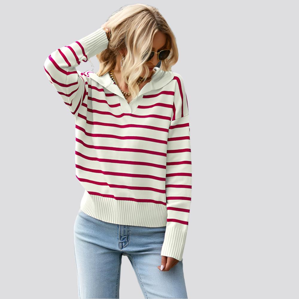 Women Striped Long Sleeve Pullover Sweater Casual Loose Polo V Neck Color Block Lightweight Knitted Fall Shirts Tops