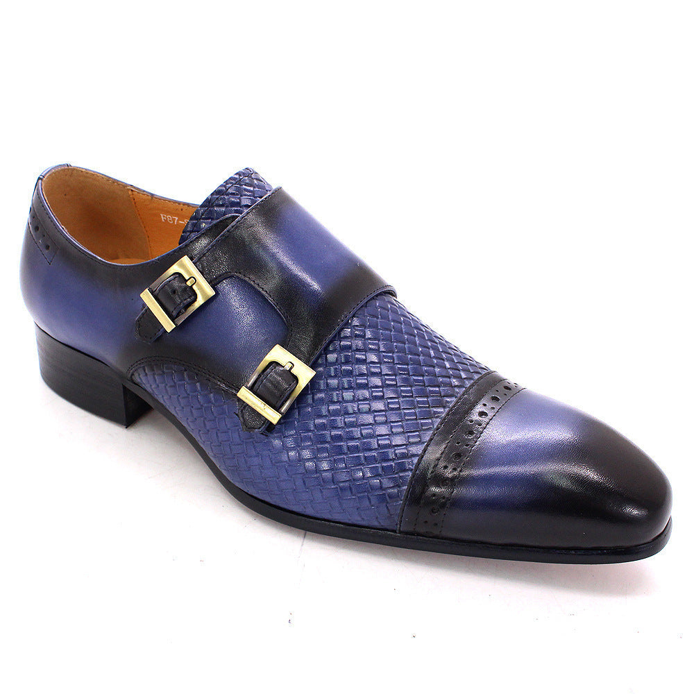 Luxury Men's Business Casual Shoes Blue Leather Double Buckle Monk Shoe First Layer Cowhide Pointed Men's Loafers