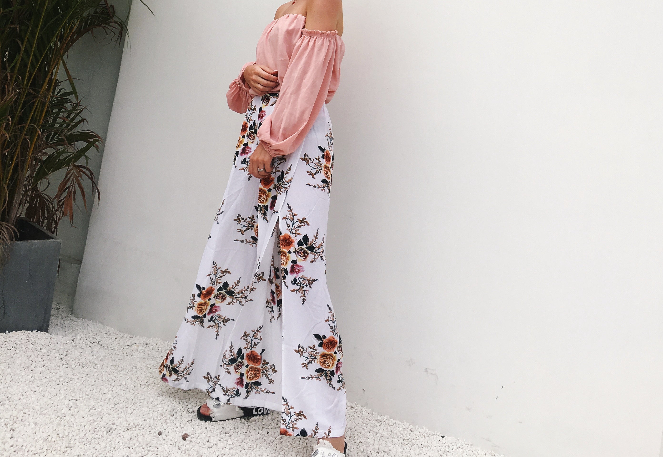 Summer large size women's European and American chiffon printing split loose wide leg pants casual pants