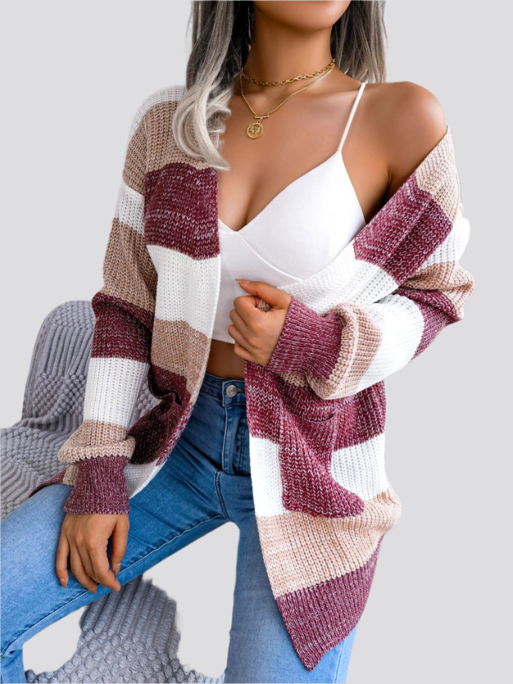 Plaid Sweater Women Casual Lantern Sleeves Cardigan Jacket Outerwear Clothes