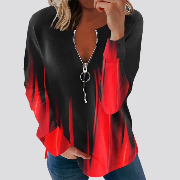 V-neck Long-sleeved Faded Flame Loose Zipper T-shirt