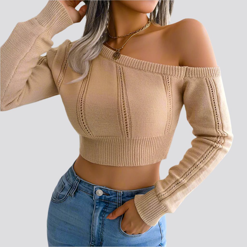 Bare Shoulders Knitted Sweater Women Long Sleeve Short Pullover Clothes