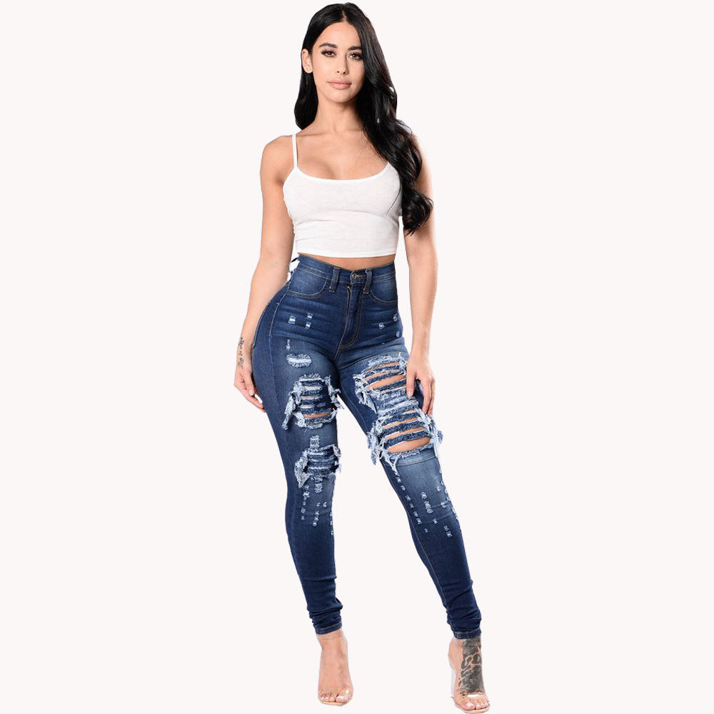 Women's Ripped Denim Washed Denim Pants