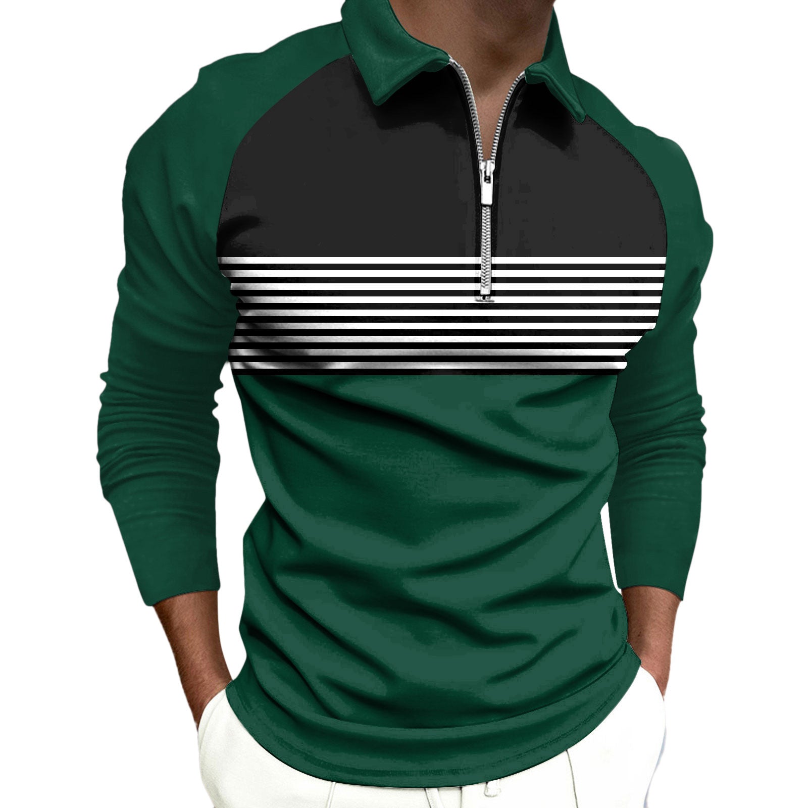 Striped Black Raglan Polo Shirt Printed Simple Zipper Lapel Long Sleeve T-shirt Men