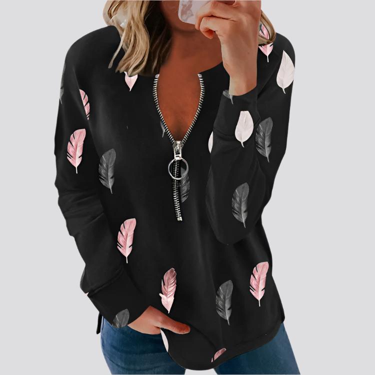 Women's V-neck Zipper Feather Print Long Sleeve Loose T-shirt