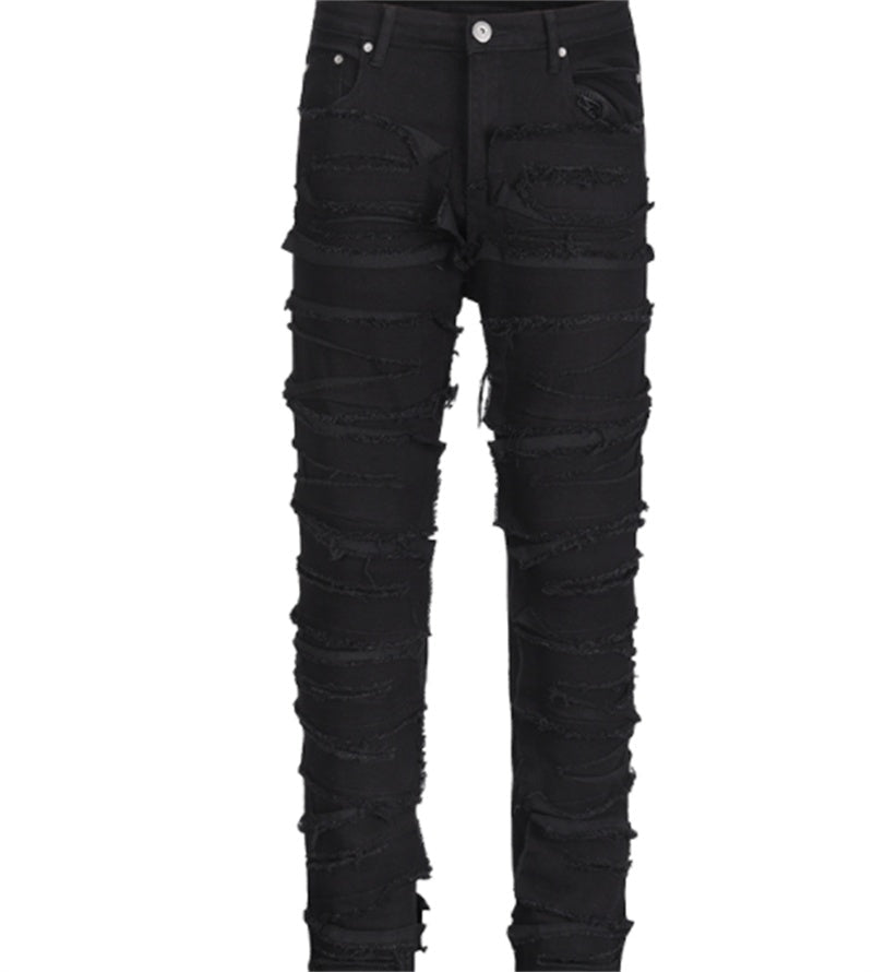 Retro Destruction Scratch RO Style Men's Slim Fit Stretch Jeans