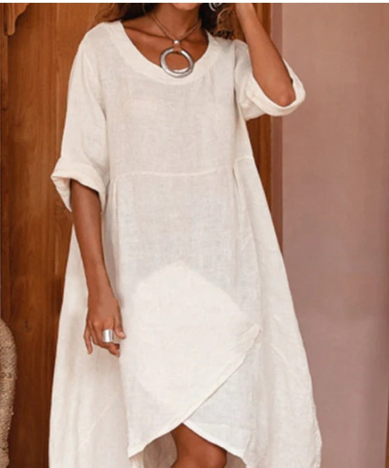 Women Maxi Dress Neck Pocket Summer Loose Casual Baggy Robe Female Retro Long Dresses