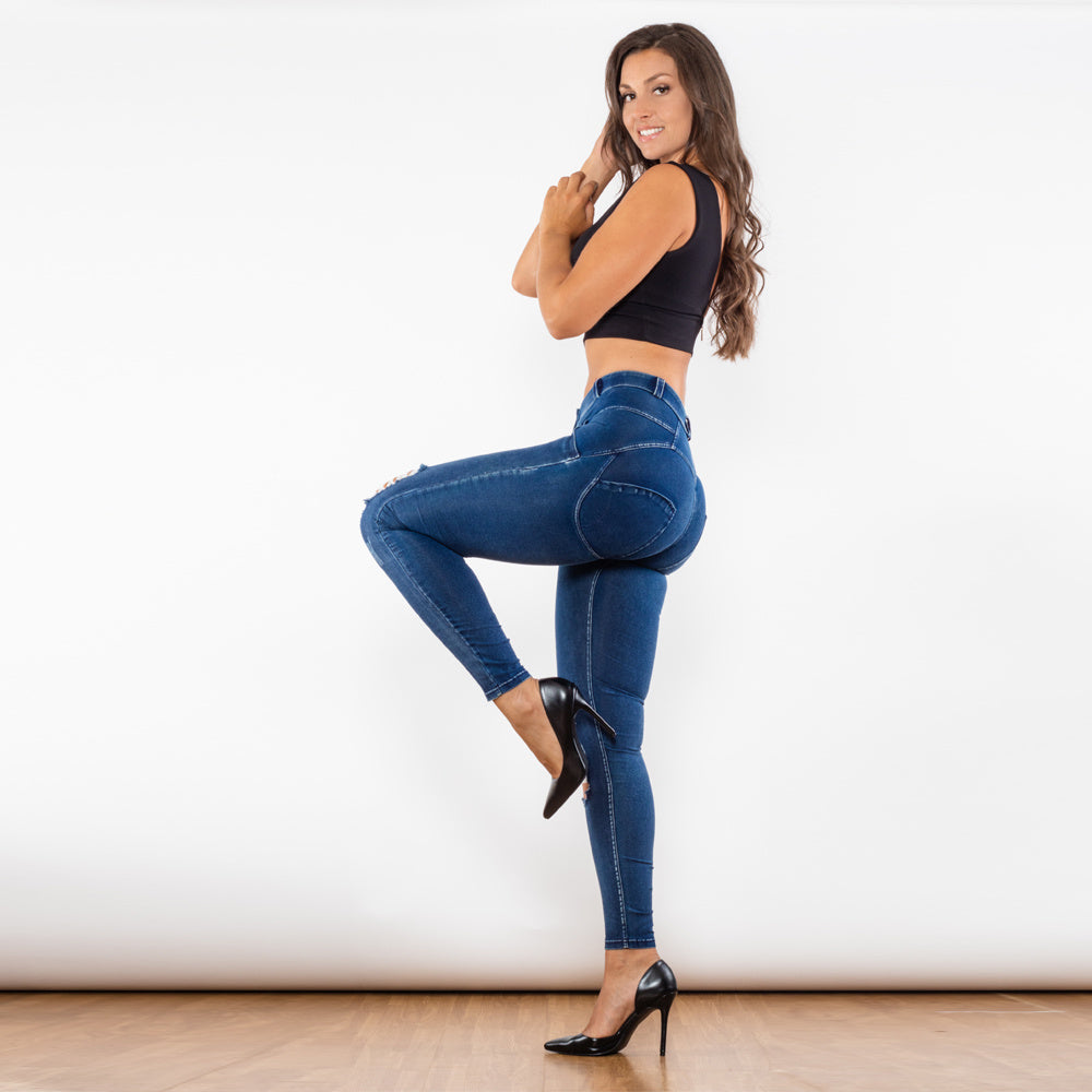 Shascullfites Melody Blue Washed Ripped Lifting Jeggings Push Up Butt Booty Female Middle Waist Jeans Women's Pants