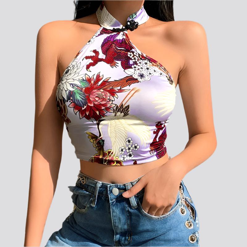 Chinoiserie Printed Halter Neck Buttoned Sexy Navel Crop Top