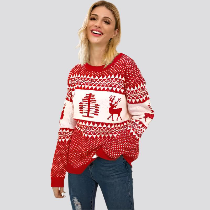 Christmas Sweater Cute Elk Geometric Print Knitted Sweater Woemen Winter Tops Clothes