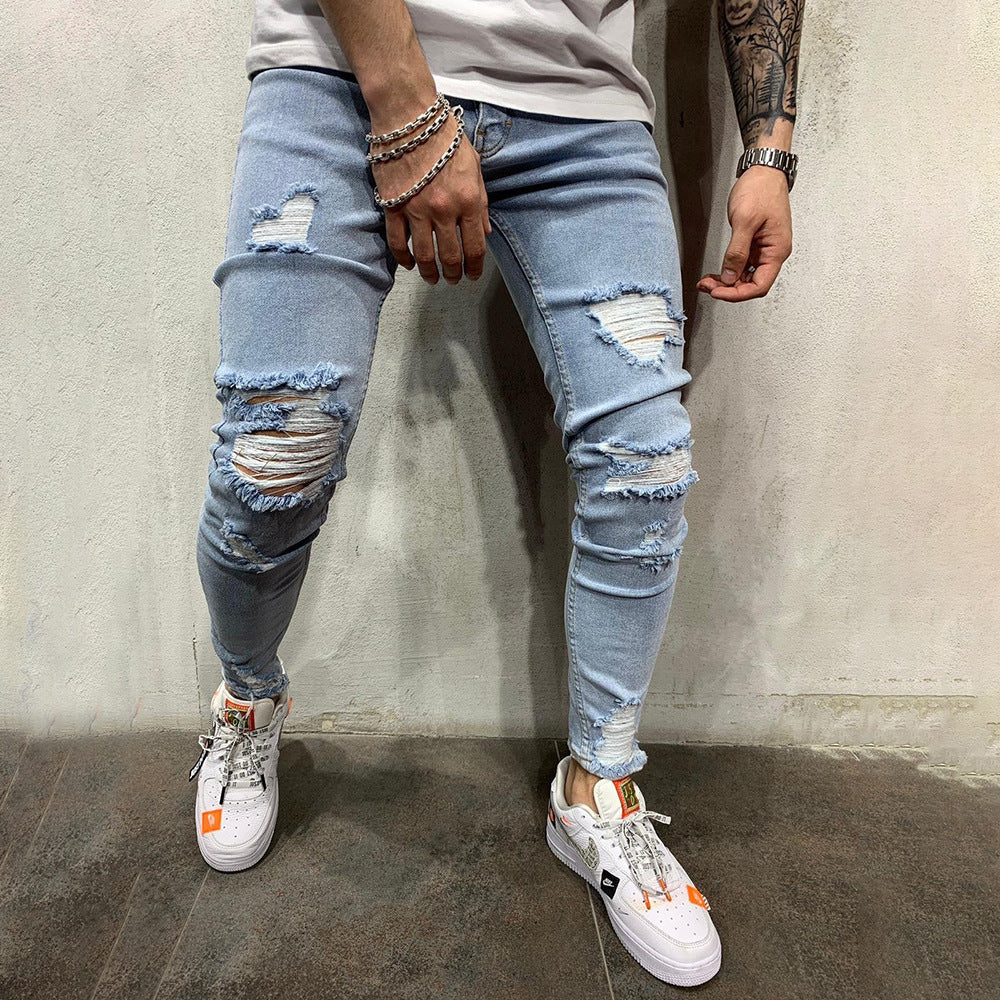 European And American High Street Men's Slim Fit Skinny Scrape Denim Trousers Fashionable Youth Ripped Jeans Large Size