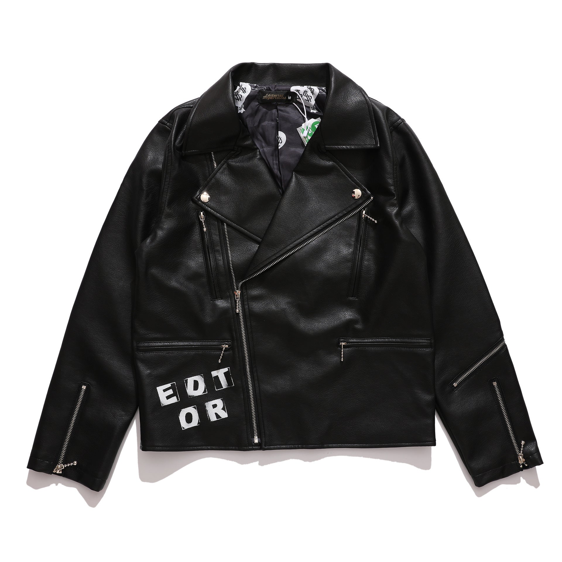 Mens Leather Letter Zipper Print Jacket