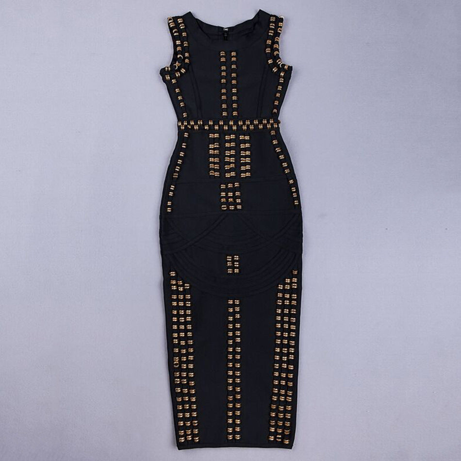 New Women's Rivet Hot Drill Midi Dress