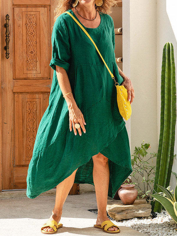 Women Maxi Dress Neck Pocket Summer Loose Casual Baggy Robe Female Retro Long Dresses