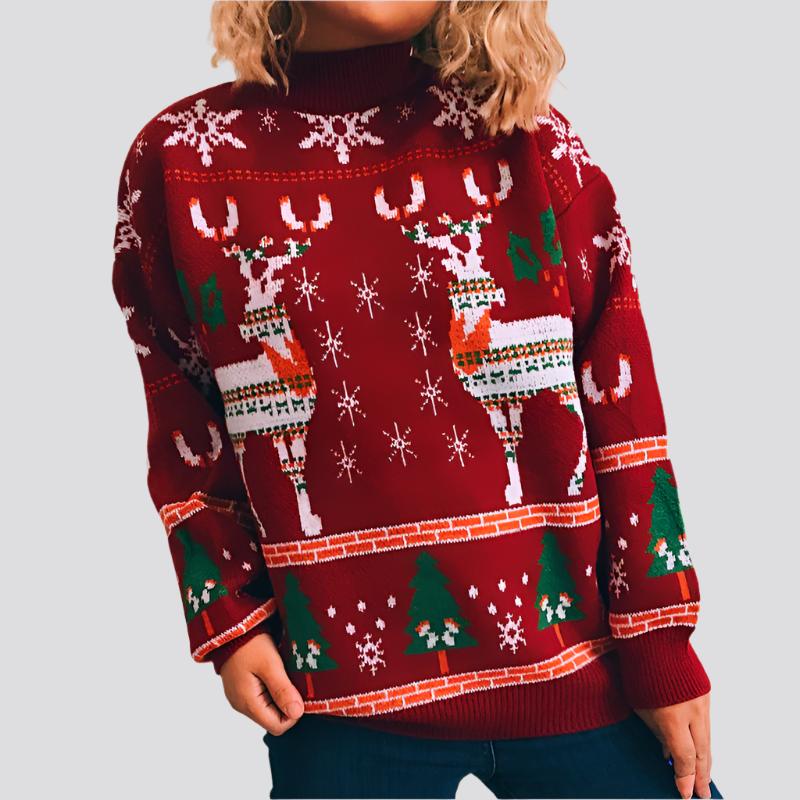 Women's Fashion Christmas Theme Elk Snowflake Christmas Tree Knitted Sweater