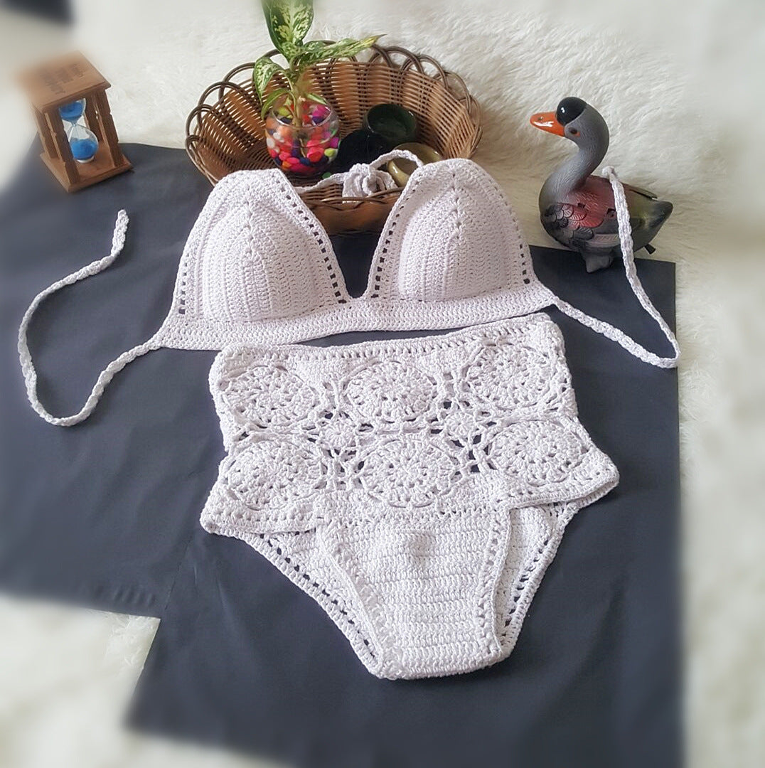 European and American foreign trade new high waisted swimsuit color crochet hook flower lady hollow split bikinis suit