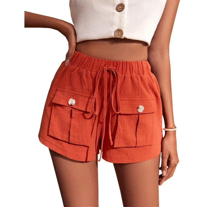 Women's Pocket Loose Mid Waist Drawstring Leisure Cargo Short